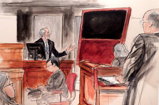 A courtroom sketch of the trial. Domenico De Sole gestures at the Rothko.