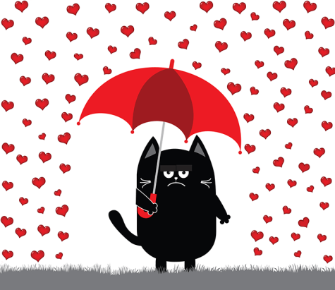 A sad black cat caught in the Valentines Day singles rain.