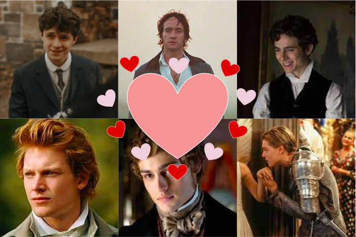 A collage honoring notable love interests from Montrose English courses. Top, left to right: Gilbert Blythe, Mr. Darcy, Laurie Laurence. Bottom, left to right: Mr. Bingley, Pip, Romeo.