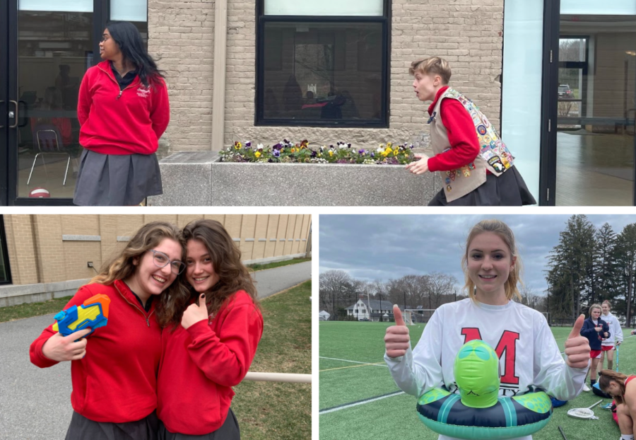 Top: Emma Barry 22 is ambushed by assassin Catherine Olohan 22 (not pictured), who, after 5 hours at Emmas dance studio the night before, finally soaked her by staging a Girl Scout picture for the Montrose Instagram. 
Bottom Left: Bella Convery and Anna Marosfoi 22 reconcile after Anna became the first victim of the game. 
Bottom Right: Caroline Piorkowski 22 poses with her floatie secured after a lacrosse game.