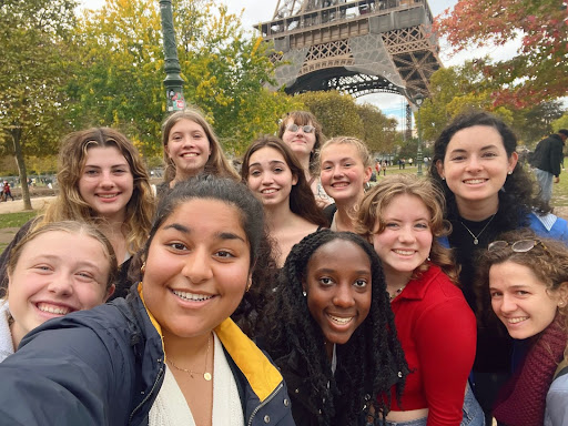 Montrose girls and chaperones in front of the Eiffel Tower.