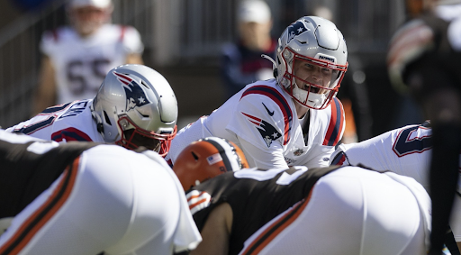 New England Patriots quarterback Bailey Zappe lines up for a play during the Patriots’ huge win versus the Cleveland Browns