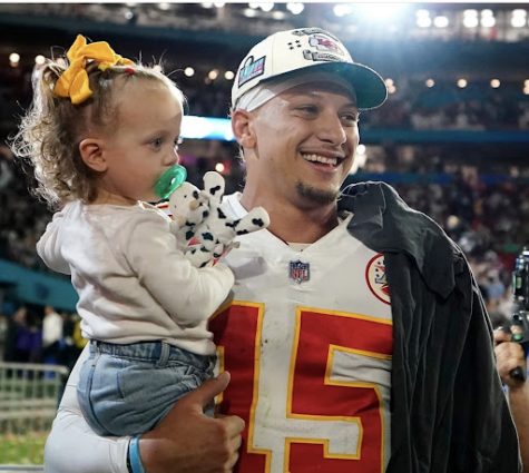Patrick Mahomes celebrates his come-from-behind Super Bowl LVII victory alongside his wife, Britney, his daughter, Sterling (pictured above) and newborn son Patrick III