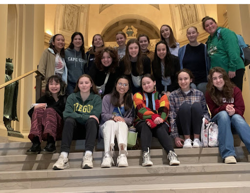 Students in Latin III, Latin IV, and AP Latin pose for a group picture on the front staircase of the Museum of Fine Arts.