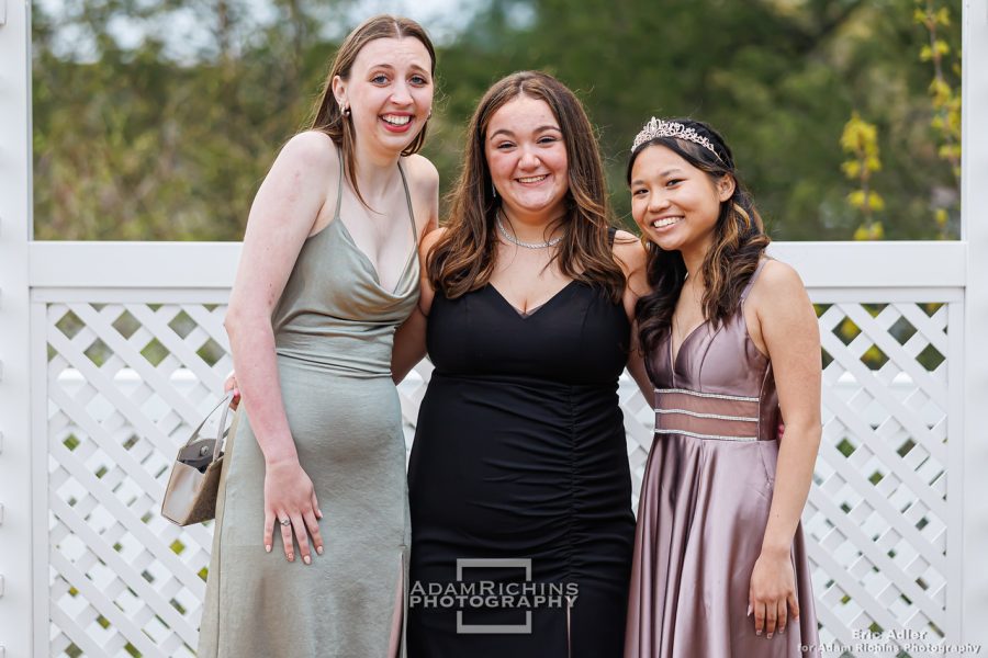 From right to left: Elizabeth Barrett 23, Ava Russo 23, and Taylor Hogardt 23 at prom. (Adam Richins)
