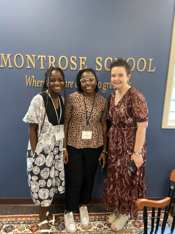 Elei Nkata (left) poses with the assistant head of school at the Lagoon School, Ms. Manee Ngozi (middle), and Montrose faculty member Mary Jo White (right)