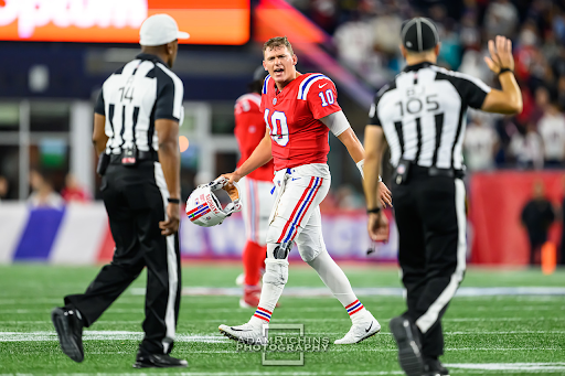 Current Patriots quarterback Mac Jones shows his frustration in his team’s Week 2 home-game loss on Sunday Night Football against the Miami Dolphins. 
