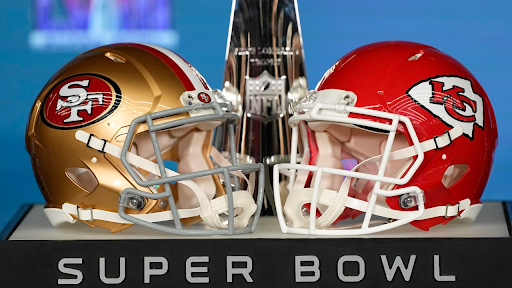 The helmets of both Super Bowl LVIII teams: the San Francisco 49ers (left), and the Kansas City Chiefs (right), face each other, symbolizing the faceoff that happened on Sunday Night. 