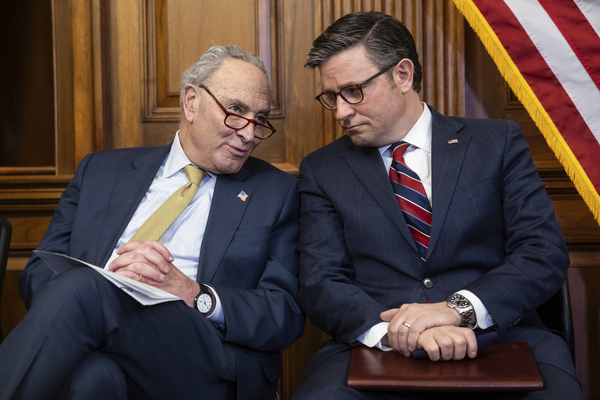 An image of Democratic Senate Majority Leader Chuck Schumer and Republican Speaker of the House Mike Johnson, working together to pass this package.