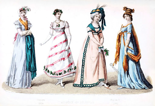 Examples of early 19th Century dresses that were common during the time period of War and Peace