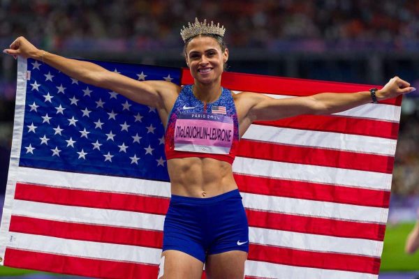 "Sydney McLaughlin-Levrone wearing a tiara after winning 400-meter hurdles in Paris"