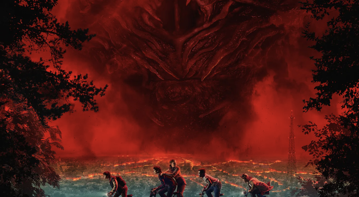  The poster shows Eleven, Will, Mike, Lucas, and Dustin riding their bikes below Vecna’s looming presence.
