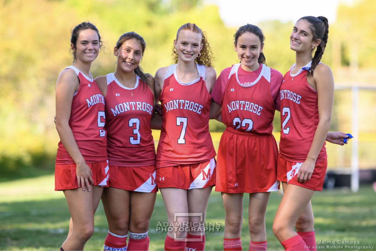 Seniors (from left) Chloe Munroe, Nikki Schuster, Kendra Baker, Gabriella Dansereau, and Gabbie Fetter, carried the Varsity Field Hockey team to new heights this season.