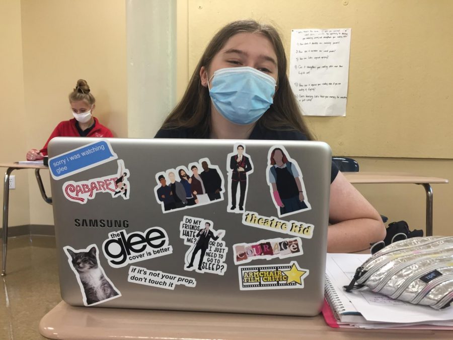 Glee superfan Lucy Stefani 21 with her Glee and theatre-inspired laptop stickers.