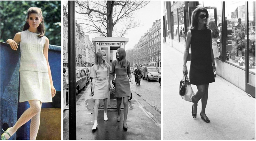 From+left+to+right%3A+A+woman+poses+in+a+grey+minidress.+Two+women+in+front+of+a+telephone+booth+wear+miniskirts.+Jackie+Onassis+wears+a+dark+minidress.