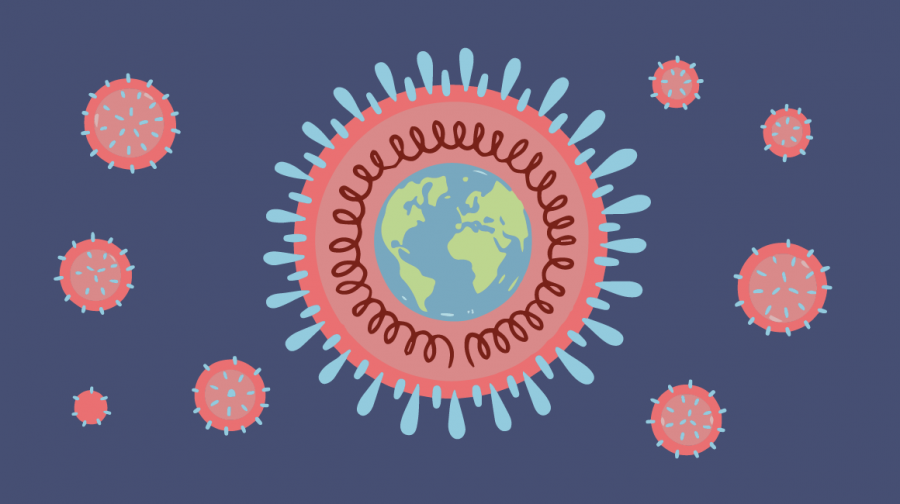 An illustration of SARS-CoV-2 virus and the world.