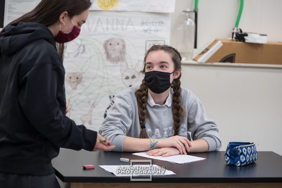 Montrose Students, Anya Marino '24 and Rosie Reale '24, study together during Common Time