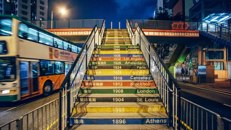 This colorful staircase can be found in Hong Kong, China. It recounts centuries of Summer Olympics hosted across the world-- including the cancelled Games of 1916, 1940, and 1944.