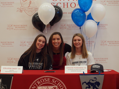 Seniors Colleen Casey and Caroline Piorkowski pose with Athletic Director Mrs. Boynton on Signing Day.